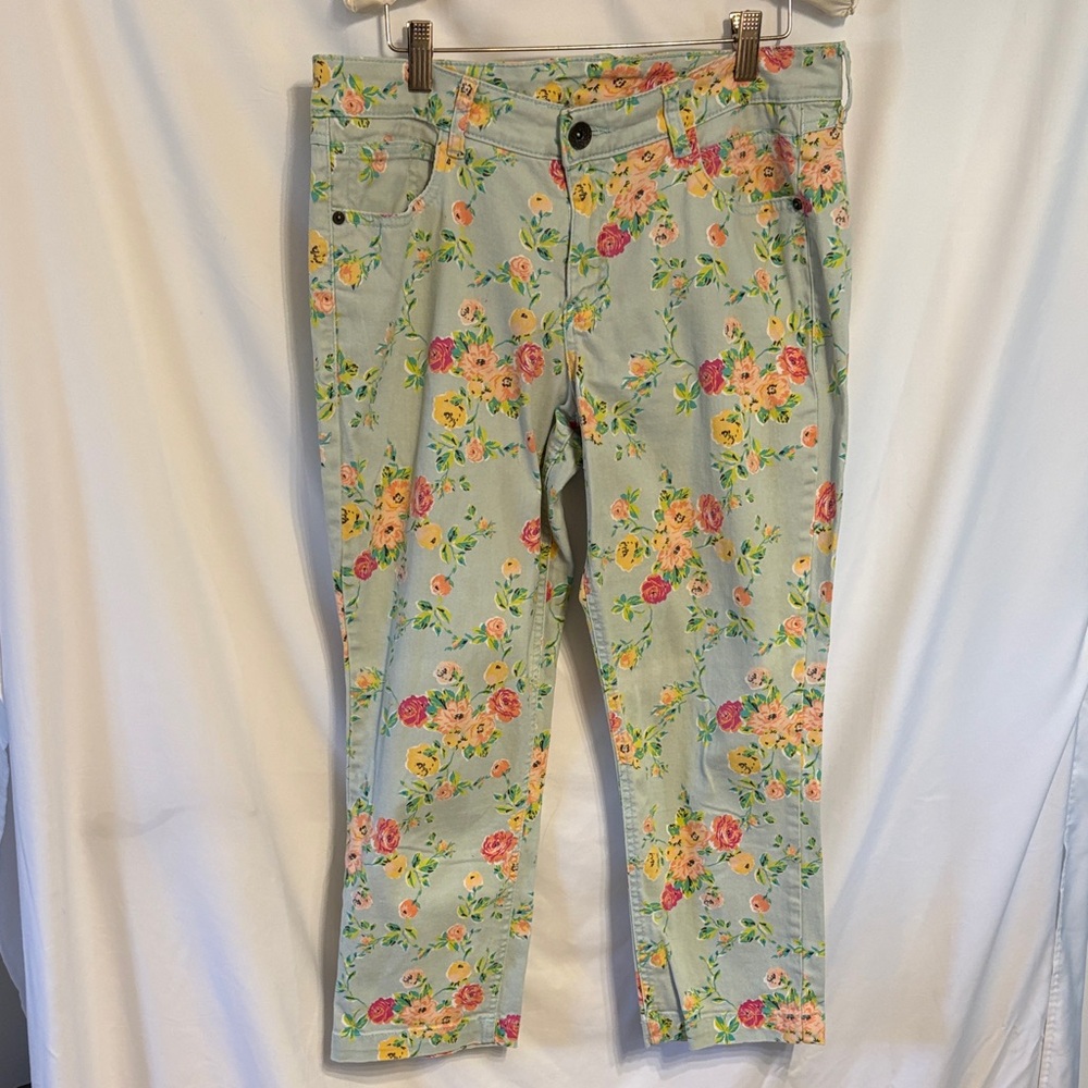 Metaphor Floral Print Slim Pants in Mint with Pink & Yellow Roses SZ 12